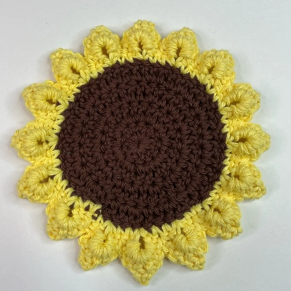 Sunflower Cup Mug Coasters Set of 4 Handcrafted Crochet by Seller Yellow Brown
